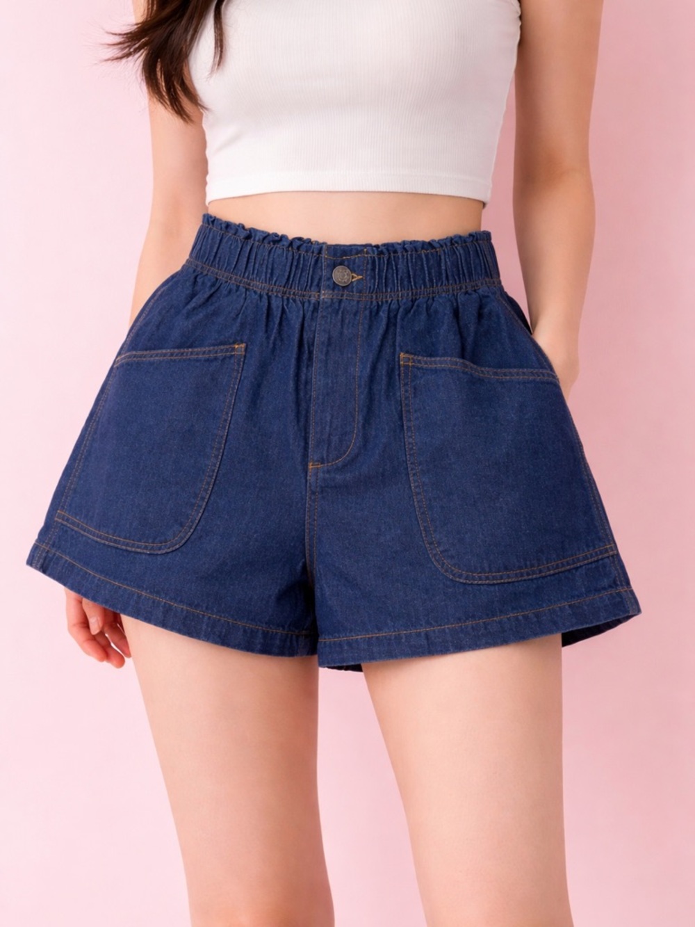 Entro Women’s Denim Elastic-Waist Shorts - Blue High Elastic Waist size Small